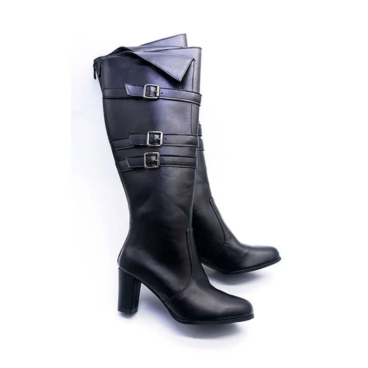 Plus Size Three Row Buckle Round Toe Thick Heel Zipper Women's Knee Length Boots With Breathable Microfiber Lining Knight Boots