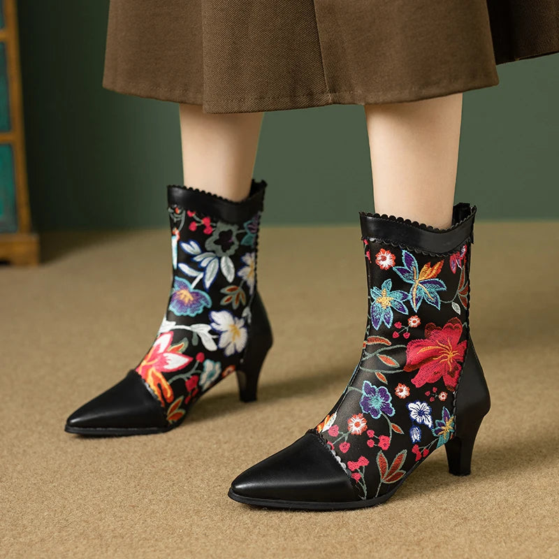 Plus Size Ruffle Edge Embroidered Flower Pointed Cat Heel Mid-calf Boots Printed Back Zipper Ethnic Style Autumn Winter New Boot