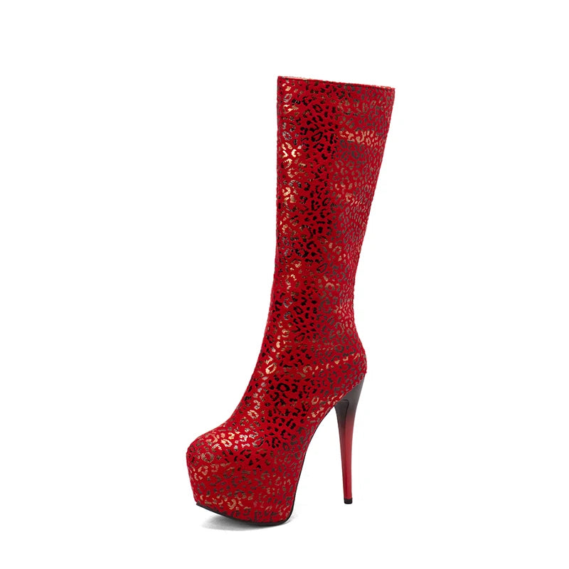 Velvet Print Knee Boots High Platform Zip Plush Inner Rose Red Party Shoes