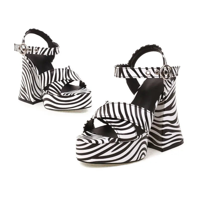 Stylish Goth Girls Summer Shoes Zebra Cow Skin Print Open Toe Buckle Strap Platform Woman's Shoes Chunky Heels Sandals Women