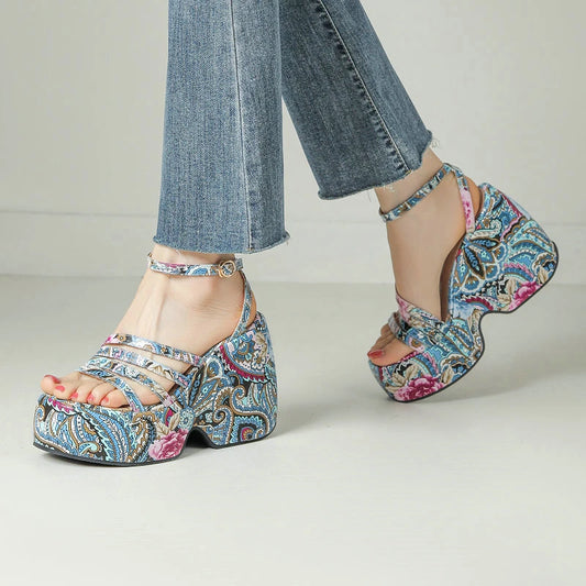 Paisley Flower Print Bohemian Ethnic Women Summer Shoes Designer Open Toe Platform Wedges High Heels Casual Sandals For Woman