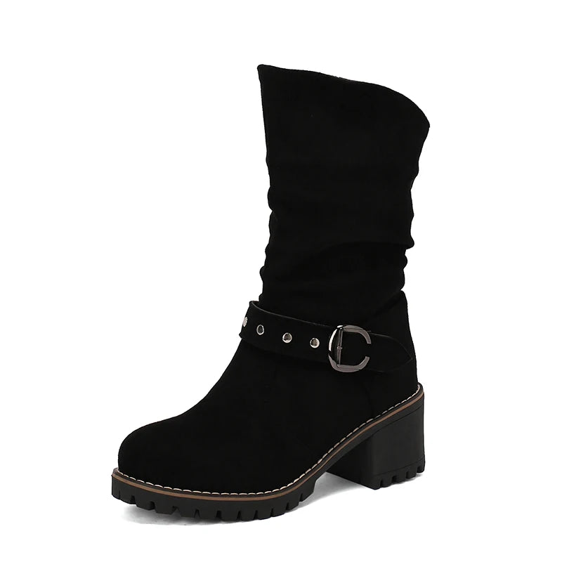 Matte Velvet Material Metal Rivets Instep Metal Belt Buckle Thick Heel Mid-Calf Boots Waterproof Platform Autumn New Boots