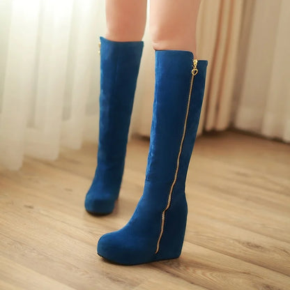 Frosted Flock Material Lamb Thick Plush Warm Long Boots Flat Bottom Slope Heel Side Zipper Women's Knee-High Boots 2024