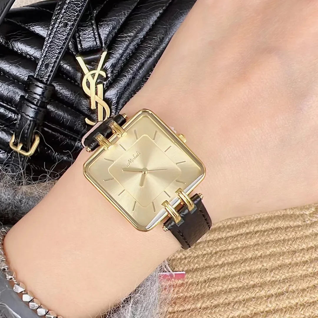 Retro Rectangle Gold Leather Women's Watch Leisure Quartz Japanese Movement Waterproof Clock Office Women's Watch Montes Femmes