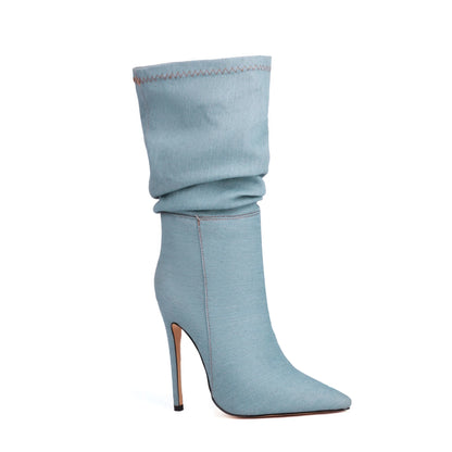 Pointed Toe Ultra-High Slim Heel Denim Baby Blue Fashion Boots With Short Plush Lining Slip-On Women's Knee Boots 2023