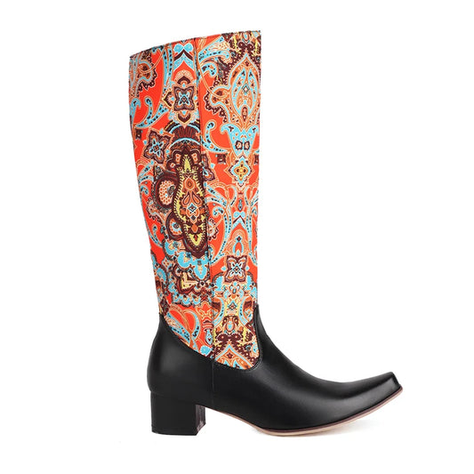 Plus Size Peacock Printed Floral Fabric Patchwork PU Women's Knee Length Boots With Small Square Toe And Thick Heels Long Boots