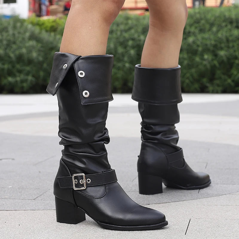 Plus Size Flipped Rivet Ankle Metal Buckle Retro Knight Boots Pointed Toe Thick Heel Frosted Velvet Material Knee High Boots