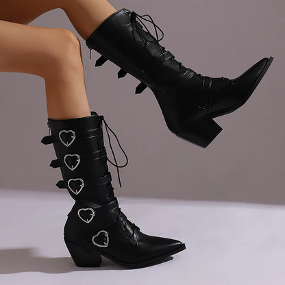 Plus Size Five Row Heart-Shaped Metal Belt Buckle Pointed Cone Wood Grain Thick Heel Cross Tie Zipper Punk Style Mid-calf Boots