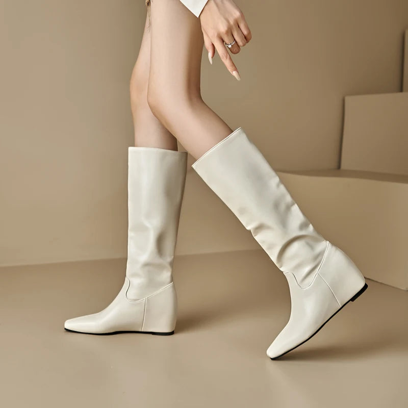 Plus Size Soft And Comfortable PU Flat Bottomed Sloping Heel Short Plush Inner Knee High Boots Concise Slip-On Knight Boots