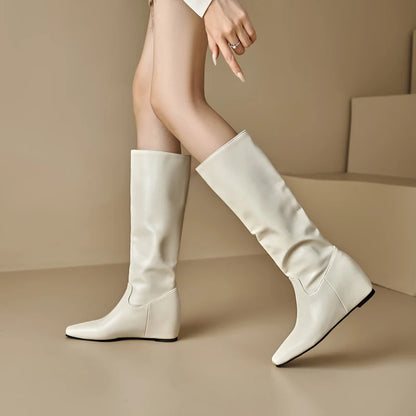 Plus Size Soft And Comfortable PU Flat Bottomed Sloping Heel Short Plush Inner Knee High Boots Concise Slip-On Knight Boots