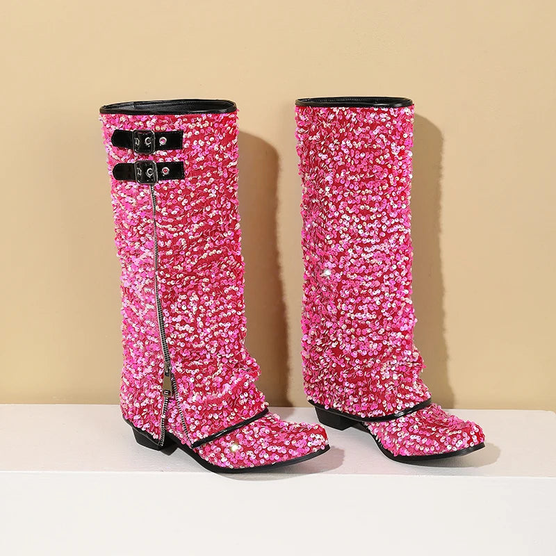 Circle Glitter Flipped Zipper Mid-Calf Boots