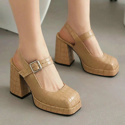 Crocodile PU Skin Nude Green Color Closed Toe Summer Lolilta Mary Janes Lovely Girls Chunky Thick High Heels Platform Sandals