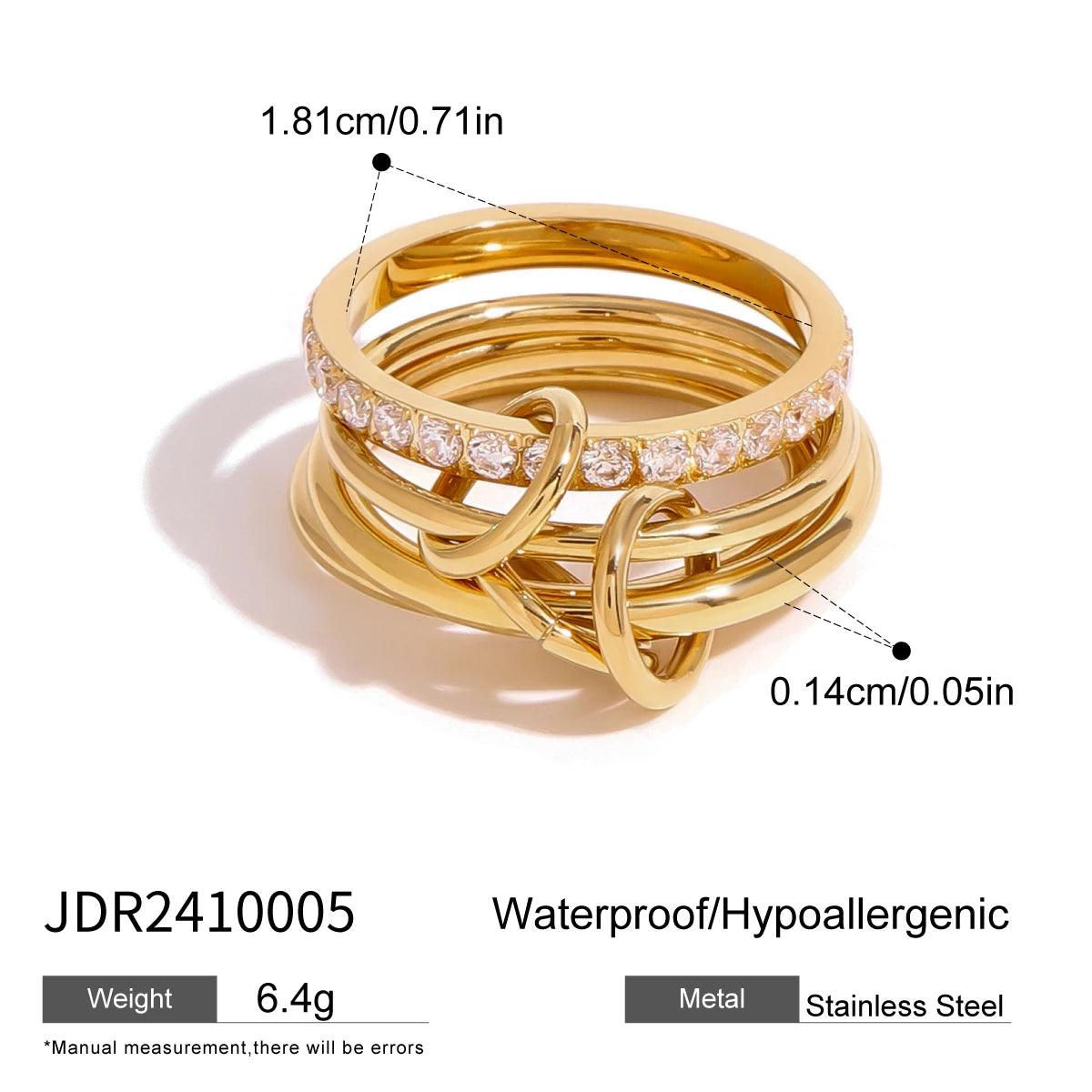 Youthway Trendy Versatile Gold Plated Stainless Steel Four-layer White Zircon Ring For Unisex Waterproof Jewelry New 2024