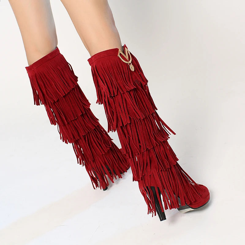 2024 Round Toe Platform Ultra-High Thick Heel Frosted Flock Material Tassel Women's Knee-high  Boots Metal Decoration Warm Boots