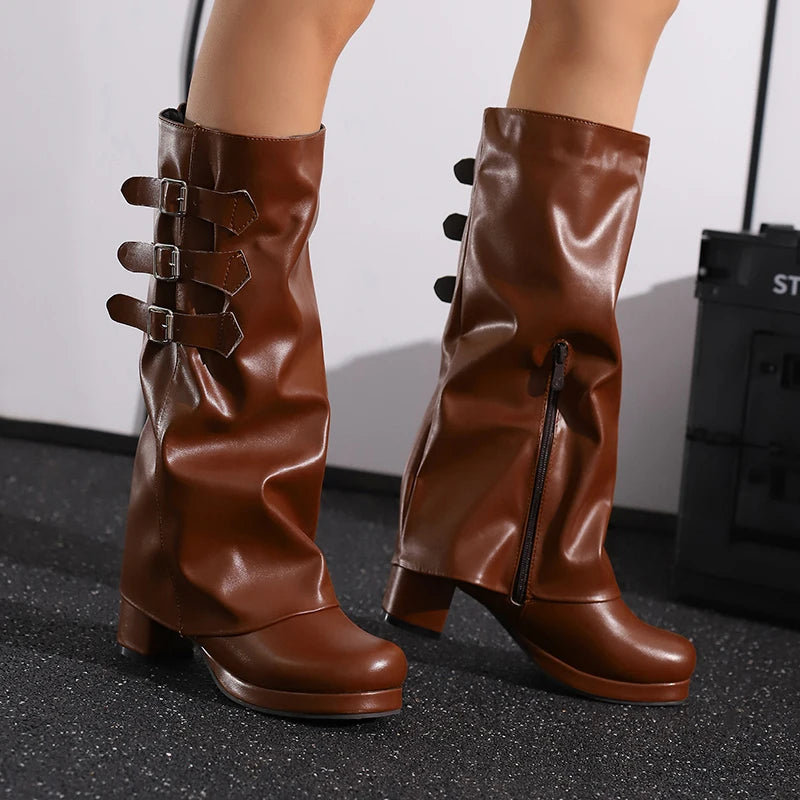 Plus Size Flipped Pu Side Zipper Decoration Round Toe Thick Heel Fashion Knee High Boots Autumn New Slip-On Women's Boots