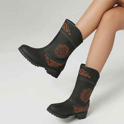 Ethnic Style Embroidery Floral Wood Grain Thick Heel Breathable Inner Short Boots Slip-On Minimalist Style Women's Boots