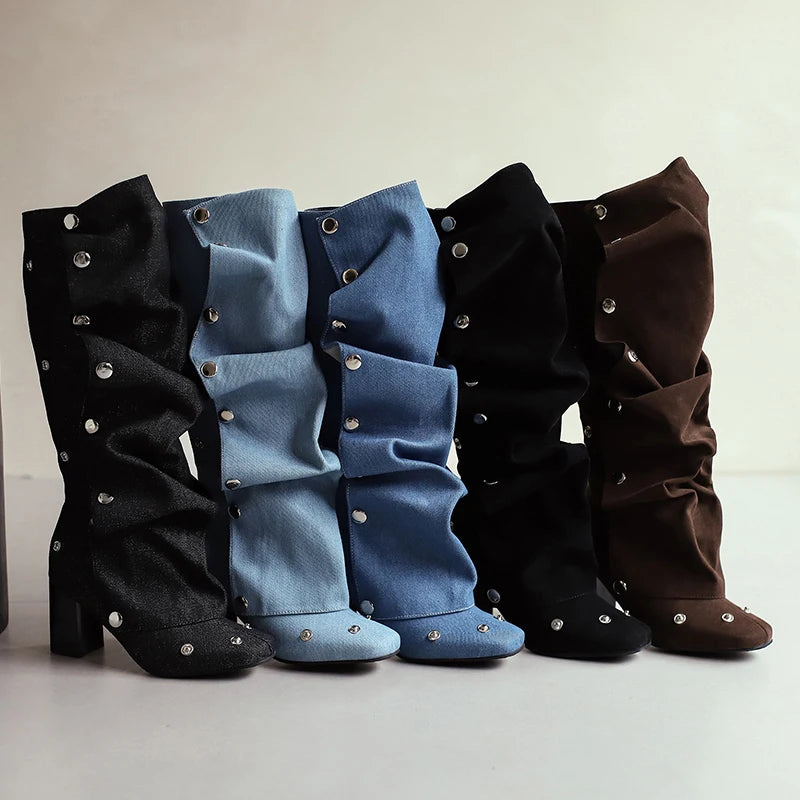 Plus Size Denim Fashionable Rivet Thick Heel Side Zipper Knee High Boots With Round Metal Buckle British Punk Style Women's Shoe