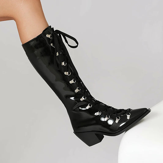 Plus Size Shiny Patent Leather Conical Wood Grain Thick Heel Pointed Cross Tie Punk Style Knee High Boots Plush Inner Boots