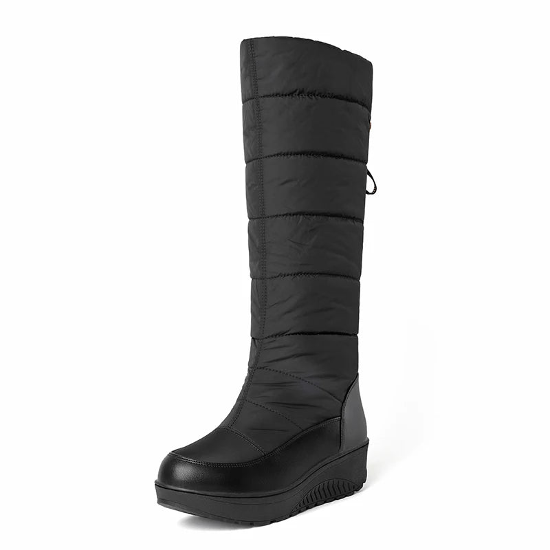 2024 Plus Size Winter Warm And Waterproof Down Cotton Boots With Tassel Lacing Flat Bottom Slope Heel Stripe Knee Length Boots