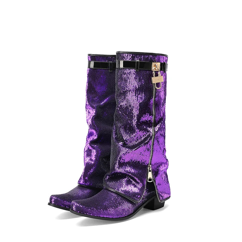 Flipped Zipper Metal Lock Glitter Round Illuminated Patch Fashion Show Boots Bling Bling Color Changing Knee High Boots