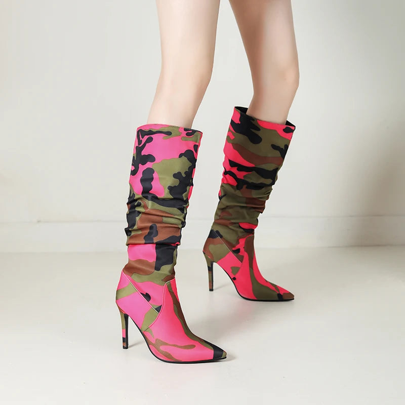 Camouflage Pointed Ultra-High Slim Heels For Women's Fashion Boots Mixed Colors For Women's Knee Length Boots