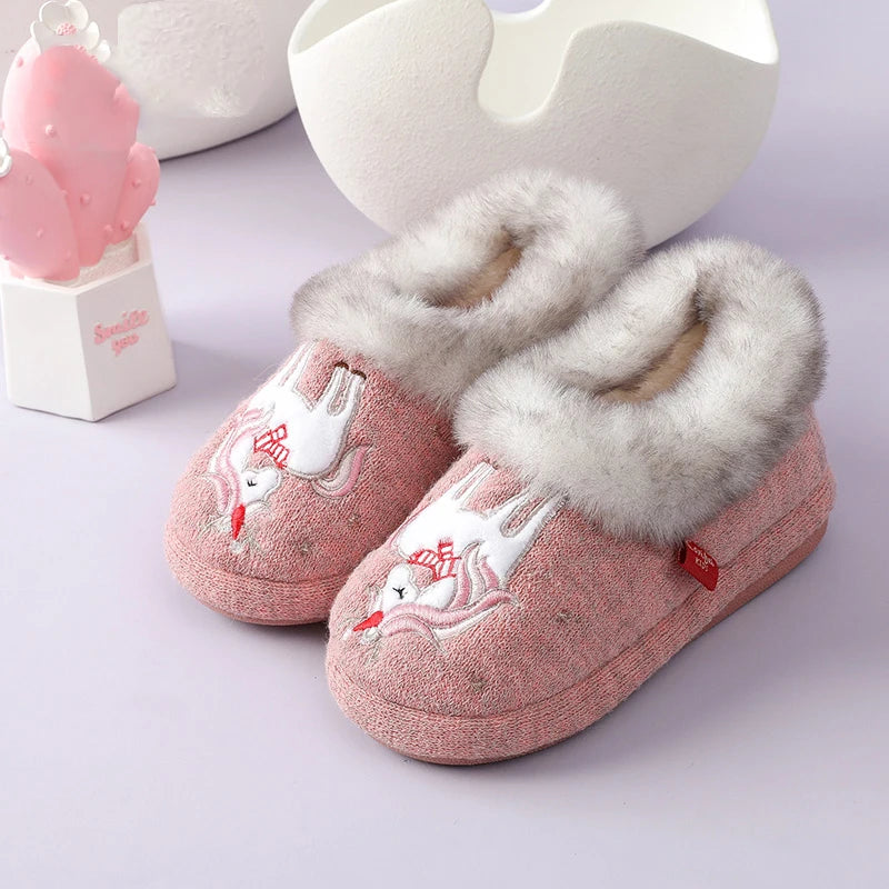 Evshine Children Winter Warm Plush Cotton Shoes Lovely Animals Fur Fuzzy Home Slippers Indoor Anti-slip Comfortable Furry Slides