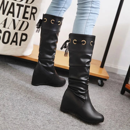 PU Material Slope Heel Boots With Lace Up Women's Knee High Boots Flat Bottom Wedges Elevated Office Boots 2024 Winter New