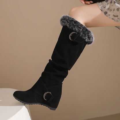 Fur Splicing Frosted Flock Material Double Row Metal Belt Buckle Knee High Boots Round Toe Sloping Heel Flat Bottom Warm Boots