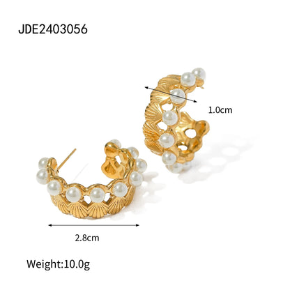 Youthway Metal C-shaped Shell Earrings Inlay Imitation Pearls 18K PVD Plated Stainless Steel Statement Texture Party Gift