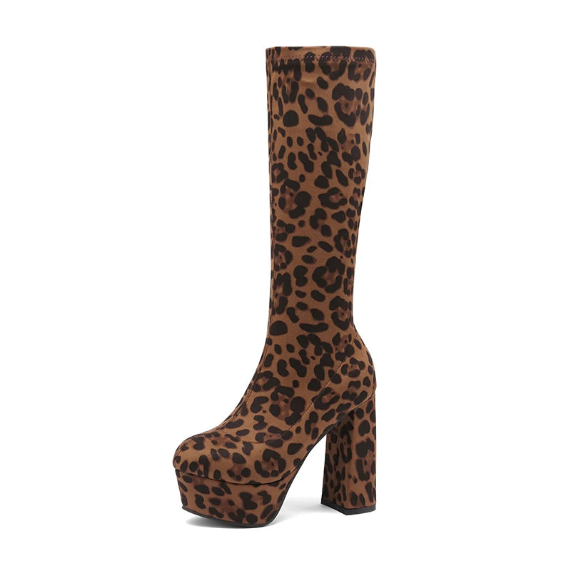 2024 Simple Style Super Waterproof Platform Leopard Print Flock Women's Knee Boots Super Chunky Heel Slip-On Sewing Tight Boots