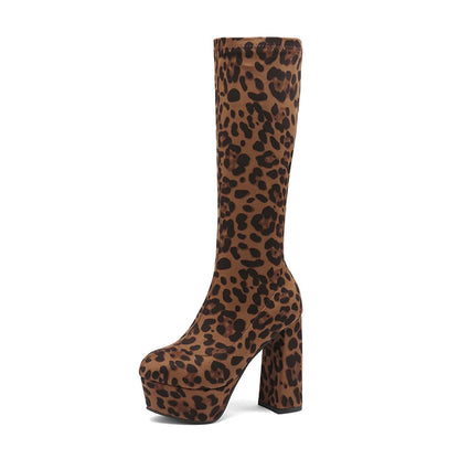 2024 Simple Style Super Waterproof Platform Leopard Print Flock Women's Knee Boots Super Chunky Heel Slip-On Sewing Tight Boots