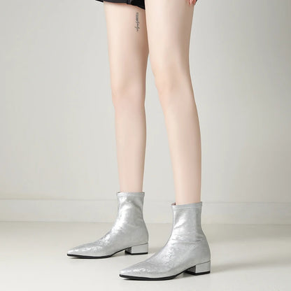 Embroidered Elastic Fabric With Stitched Cuffs Women's Chelsea Boots With Pointed Low Heels And Plush Inner Lining Short Boots