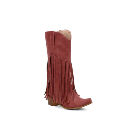 Plus Size Flock Velvet Material Wood Grain Coarse Heel Fringe Fine Strip Slip On Women's Mid-Calf Boots Plush Lining Knight Boot