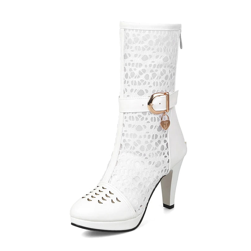 Plus Size Lace Mesh Patchwork PU Hollow Breathable Sexy Women's Mid-Calf Boots With Metal Buckle Back Zipper Summer Boots