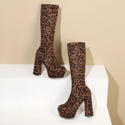 2024 Simple Style Super Waterproof Platform Leopard Print Flock Women's Knee Boots Super Chunky Heel Slip-On Sewing Tight Boots