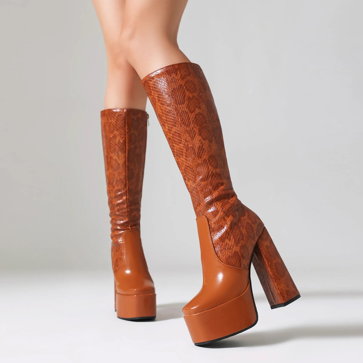 Snake Patterned Microfiber Splicing PU Platform Zipper Knee High Boots Super High Hollow Thick Heel Stripe Sexy Women's Boots