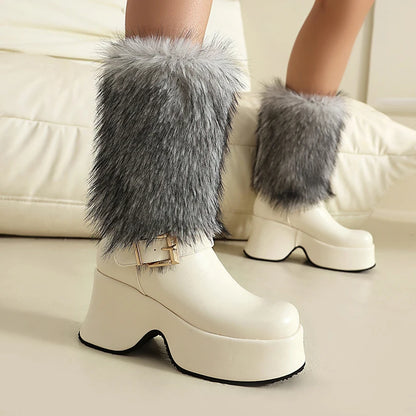 Fur Splicing PU Thick Soled Sponge Cake Heel Ankle Metal Belt Buckle Thick Plush Mid-calf Boots Height Increasing Snow Boots