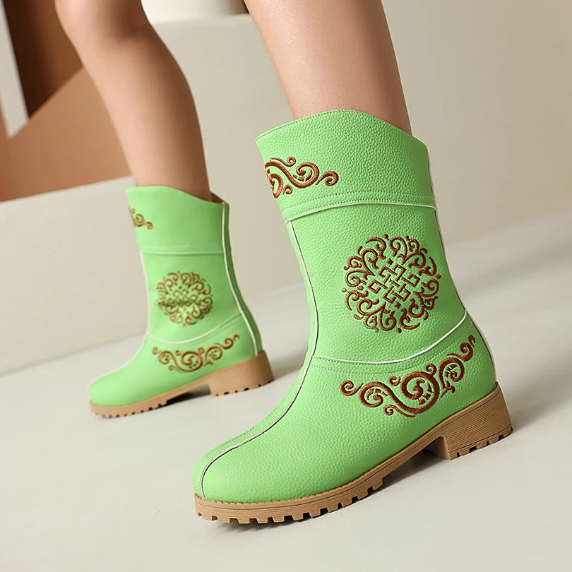 Ethnic Style Embroidery Floral Wood Grain Thick Heel Breathable Inner Short Boots Slip-On Minimalist Style Women's Boots