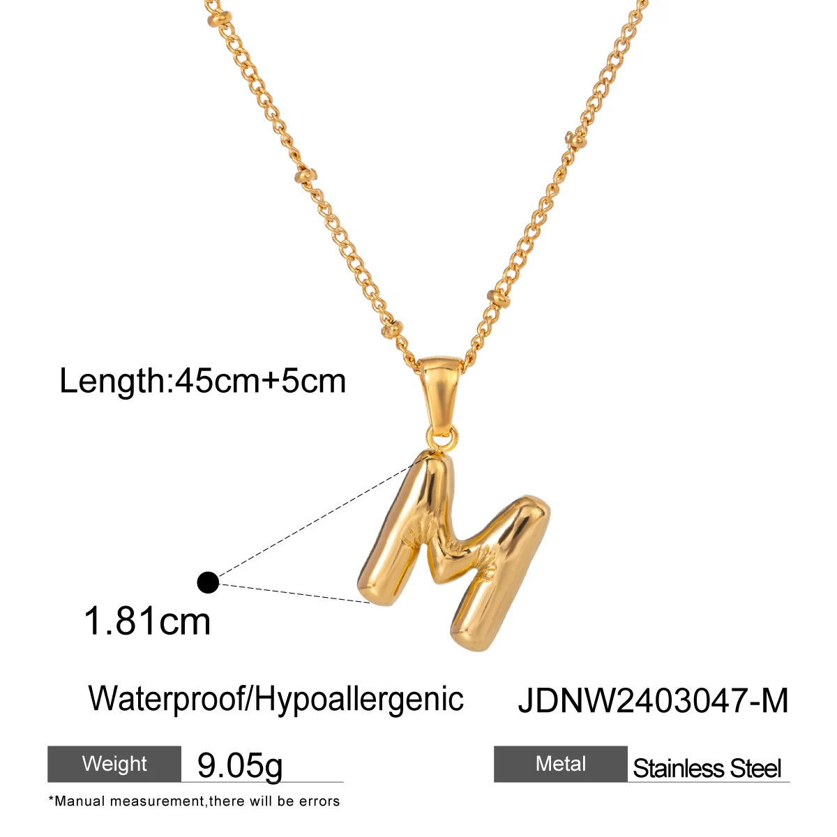 Youthway 18K Gold Minimalist Thick Balloon Bubble Alphabet Necklace Women Stainless Steel Initial Letter Pendant Collar Jewelry