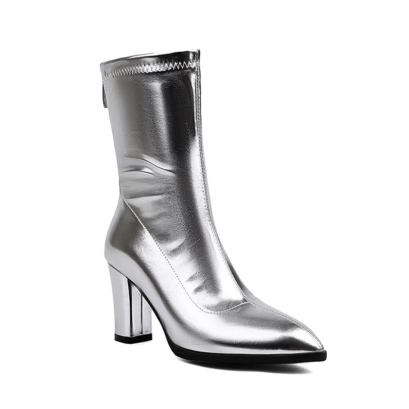 Metallic Microfiber Upper With Breathable Lining Women's Mid-Calf Boots High Pointed Toe Thick Heel Back Zipper Sewing Boots