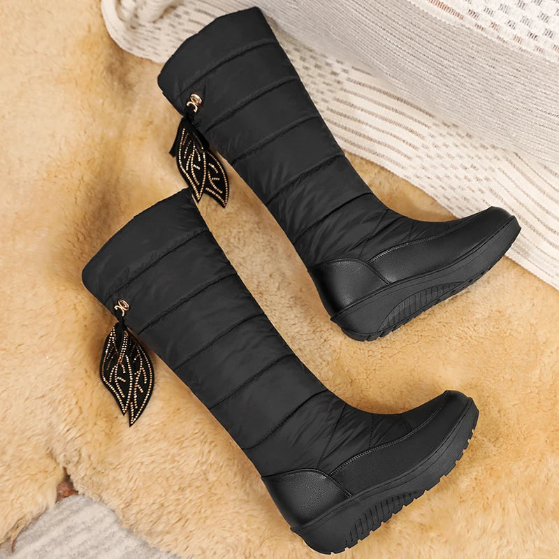 2024 Plus Size Winter Warm And Waterproof Down Cotton Boots With Tassel Lacing Flat Bottom Slope Heel Stripe Knee Length Boots