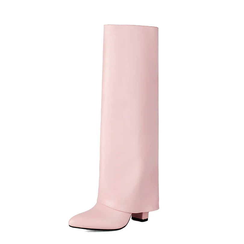 Sharp Pointed Ultra-High Square Heel Turned Over Edge Breathable Inner Knee Boots Slip-On British Style Fashion Trend Long Boots