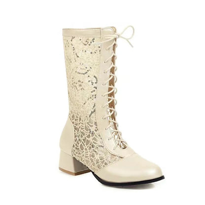 Weave Hollow Lace Patchwork Pu Cross Tie Summer Breathable Mid Length Boots With Round Toe Thick Heels Summer Cool Boots