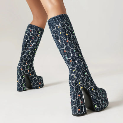 Hexagonal Plaid Denim With Sequins Women's Fashion Boots Square Toe High Waterproof Platform Slip-On Knee Boots