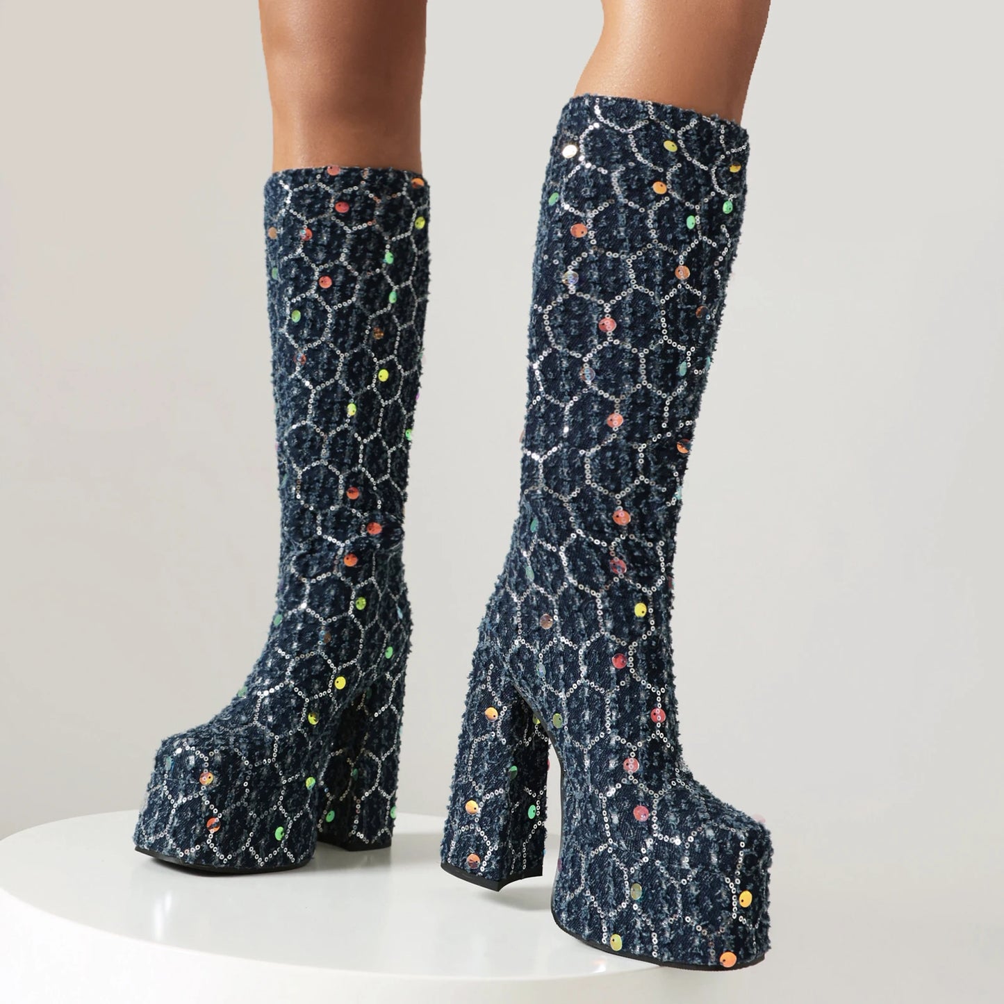 Hexagonal Plaid Denim With Sequins Women's Fashion Boots Square Toe High Waterproof Platform Slip-On Knee Boots