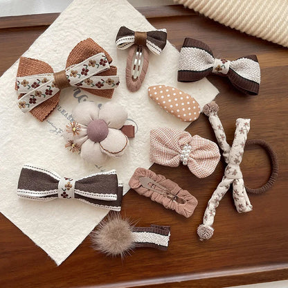 2pcs Kids Coffee Hair Pin Hair Rope Set Classic Bow Barrettes Elastic Band Ties Headwear Girls Kids Hair Accessories