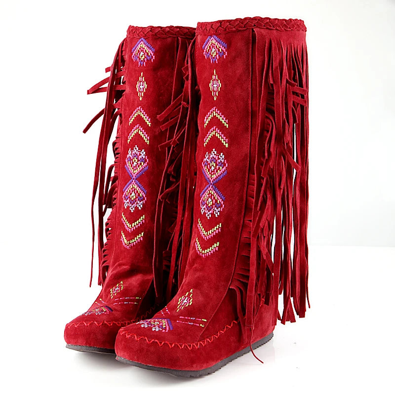 Plus Size Tassel Flock Embroidery Pattern Ethnic Style Women's Mid-Calf Boots Flat Bottom And Raised Plush Inner Lining Boots