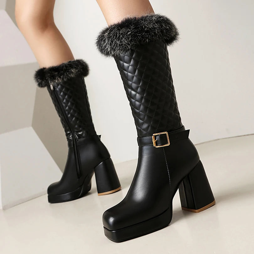 Plus Size Fur Patchwork PU Checkered Ankle Belt Buckle Side Zipper Fashion Boots Square Toe Super High Thick Heel Warm Boots