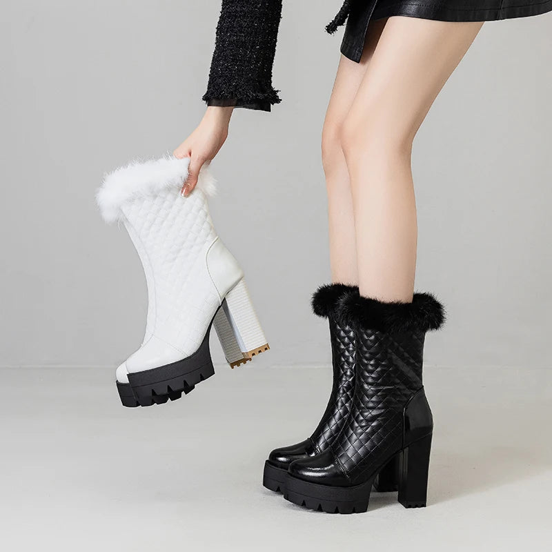 Plus Size Diamond Grid Pattern PU Splicing Fur Winter High Boots Platform Super High Thick Heel Side Zipper Mid-Calf Boots