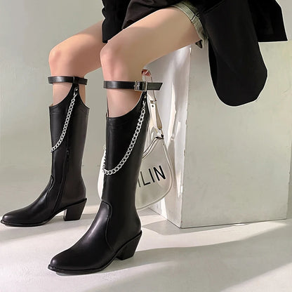 Plus Size Metal Chain Buckle Catwalk Knee Boots Plush Lining Pointed Toe Tapered Chunky Heel Nightclub Performance Sexy Boots